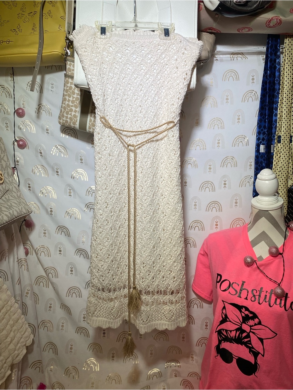 Forever 21 Cream Crochet Midi Dress with Tassel Rope Belt
